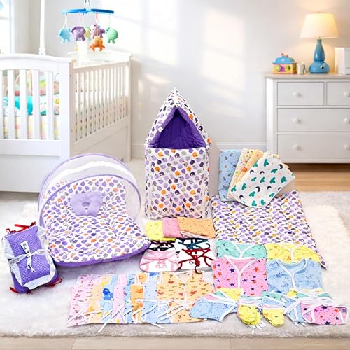 Image of Infantbond 56 In 1 Baby Products All New Born Combo|Gift Set|Baby Essentials|Hospital Kit|Baby Clothes|Maternity Essentials|Complete Daily Items Combo(0-6 Months) (Purple For Baby Boy & Baby Girl)