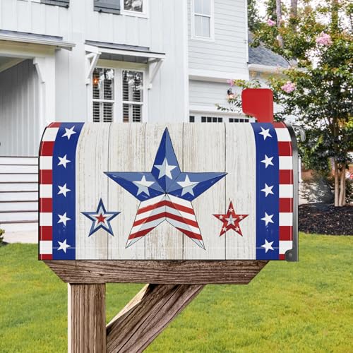 Image of 4th of July Patriotic Blue Red Star Mailbox Cover Magnetic Standard Size 21x18 Inch Independence Day Memorial Day Decorative Post Letter Box Wrap Decor Garden Yard Decoration