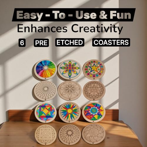 Image of BAGJI TOYS DIY Coaster Painting Kit for Kids & Adults - 6 Pre-Marked Wooden Tea Coasters with Stand, 12 Acrylic Colours & Brush - Mandala Art & Craft DIY Set - Beginner Friendly Painting Craft Kit, Birthday & Gift Activity (MandalaA6)
