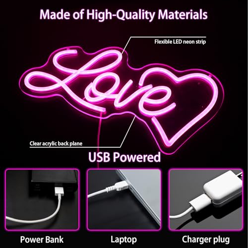 Image of ENUOLI LOVE Neon Sign, Luminous Love Neon Signs for Room Wall, USB Powered Love Sign, Dimmable Pink Heart Neon Signs for Bedroom, Home, Wedding Wall, Pink Valentine's Day Neon Wall Signs