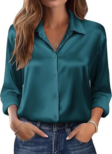 Beyove Bluse Damen Lässiges Hemd mit V-Ausschnitt Satin Seide Lockere Passform Oberteil Elegant Grün L