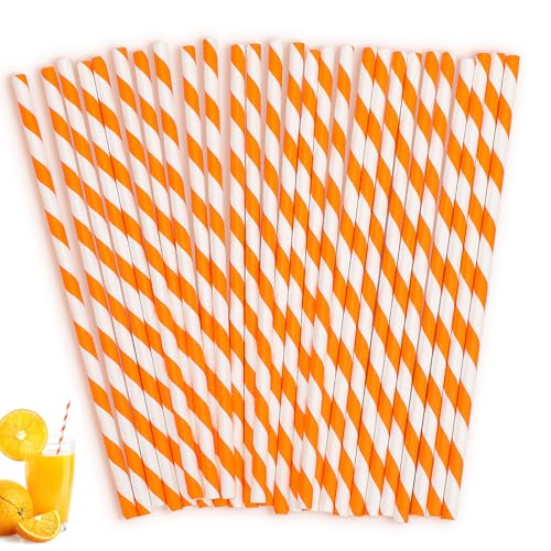 Orange Straws 100 Pcs 7.7 Inch Disposable Drinking Straw Striped Paper Straws for Bridal Shower New Year Birthday Wedding Juice Coffee Cold Drinks Cocktail Party Decoration Supplies