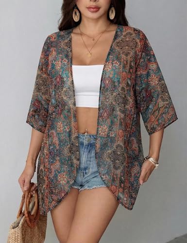 Image of Chunoy Women Floral Beach Wear Cover Up Chiffon Kimono Cardigan Open Front Blouse Top