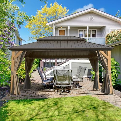 Domi 12'x16' Cedar Wood Gazebo with Double Roof Steel Hardtop,Solid