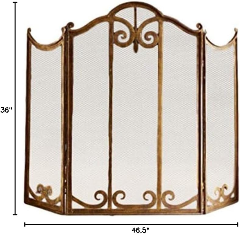 Classic Scroll Antique Gold Iron Fireplace Screen Vintage Style Arch Firescreen