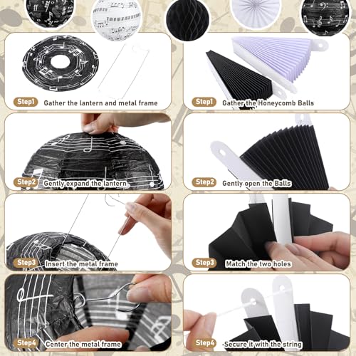 Image of Baquler 18 Pcs Music Party Decoration Hanging Paper Lantern Music Notes Fans Black and White Honeycomb Ball for Rock Roll Concert 50's Theme Party Ceiling Decor Supplies