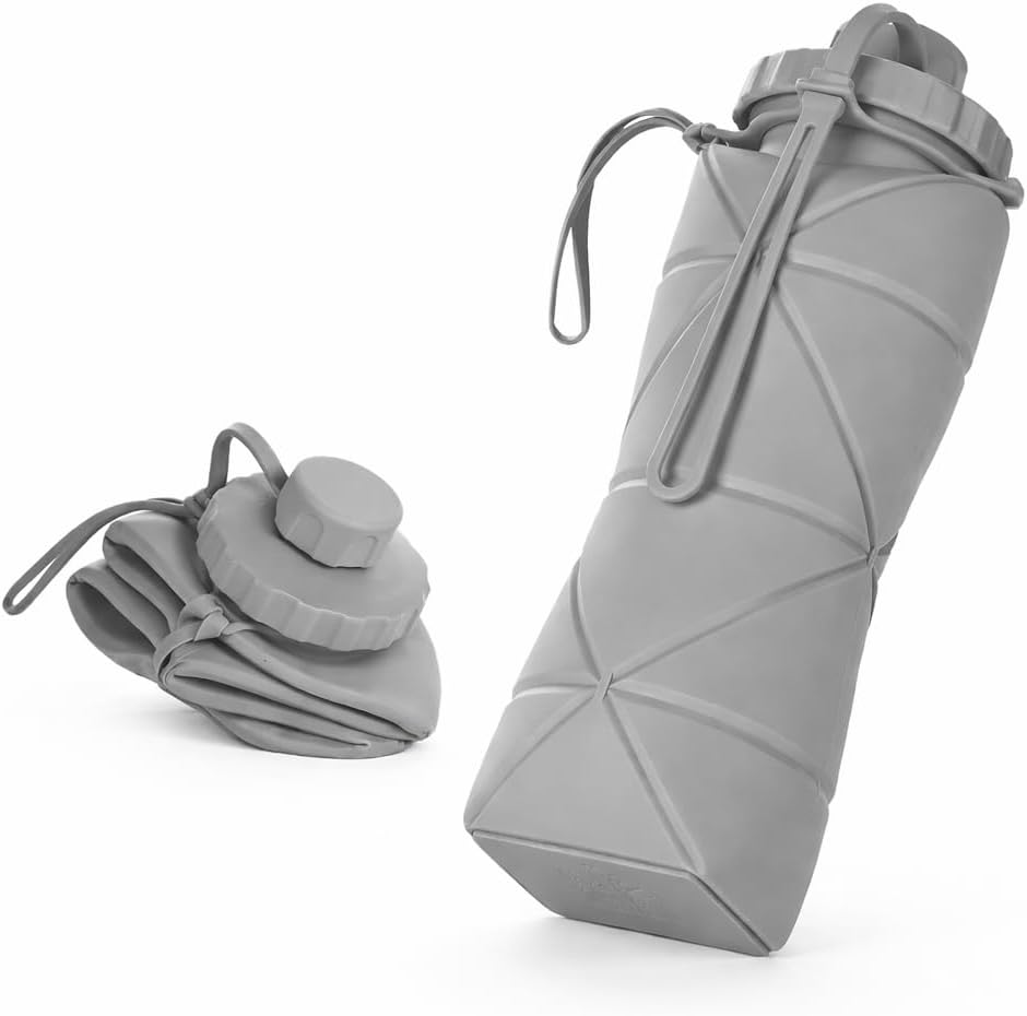 Folding Silicone Water Bottle | Collapsible Travel Water Bottle for Gym, Office, School, Cycling, Hiking & Outdoor Sports | Leak-Proof, Portable Bottle | 600 Ml (Grey)