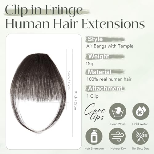 Clip in Fringe Human Hair Natural Black Bangs Fringe Clip in Hair Extensions Clip on Air Bangs Remy Human Hair Extensions Short Hairpieces for Women Clip in Bangs Fringe - Image 2