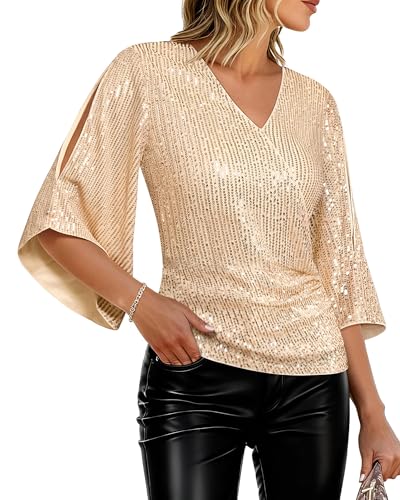 GRACE KARIN Women's Sequin Tops Cute 3/4 Sleeve Sparkly Blouse Cocktail Evening Party Disco Club Shirts Champagne S