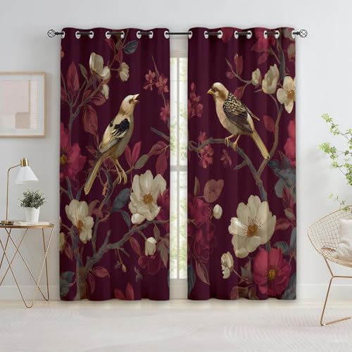 Genérico Rojo Vino Cortinas Opacas para Oscurecer la Habitación, 91.5 x 214 cm (An x Al) Cortinas de Retro Estilo Chino Floral Animales con Ojales - Set de 2 Paños para Decoración de Habitación
