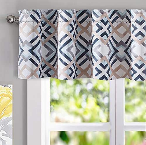 Driftaway Diamond Trellis Watercolor Geometric Checker Plaid Pattern Blackout Thermal Insulated Energy Saving Window Curtain Valance Rod Pocket Single 52 Inch By 14 Inch Plus 1.75 Inch Header Navy #TOP6