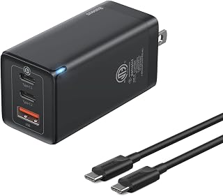 USB C Charger, Baseus 65W USB C Wall Charger, 3 Ports Foldable GaN Charger, Fast Charger for iPhone 15/14/13/12/Pro Max/SE/11/XR/XS, Samsung S22+, MacBook Pro, iPad, Laptop, Pixel 8, Steam Deck, Black