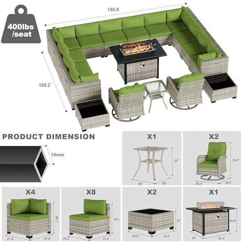 Image of 18-Piece Patio Furniture Set, Outdoor Patio Furniture with 55,000 BTU Fire Pit Table, Swivel Chairs Set, Thick Cushions, Modular Patio Sofa, Dual-Strand Wicker Rattan, Rust-Resistant Frame,Grass Green