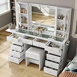 FUSOU Dressing Table with Mirror and LED Bulb Lights, Vanity Desk with 12 Drawers, 2 Cabinet, Fold-up Panel, Makeup Desk with chair for Bedroom, Transparent Glass Top, White - Image 2