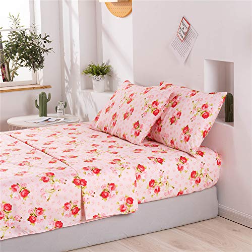 Meishang Full Pink Floral Ultra Soft 100% Microfiber- 16 Inch Deep Pocket Comfortable Rose Pattern Printed Sheet Set - 4 Pieces Rose Flower Full #TOP4