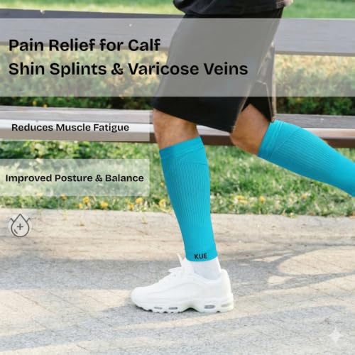 Image of KUE Compression Calf Sleeves for Running, Sports, & Medical Recovery | Graduated Support for Men & Women | Improves Blood Circulation, Reduces Swelling, Pain Relief | UV Protection (Blue, 1 Pair, M)