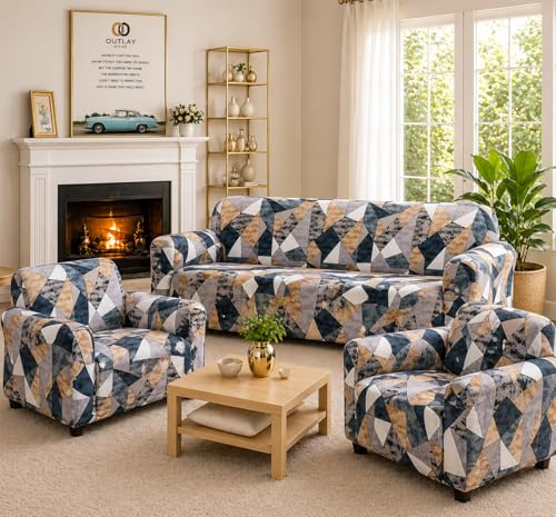 Image of Digital Print Sofa Cover Fully Covered 5 Seater Sofa Cover Non-Slip Sticky Elastic Stretchable Sofa Set Slipcover, 5 Seater (3+1+1) (Multicheck)
