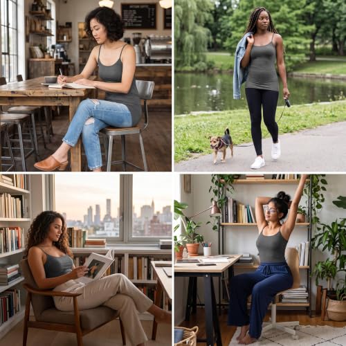 Image of Women's Long Cotton Camisole Spaghetti Strap Tank Top | 95% Cotton 5% Spandex Longline Basic Cami Undershirt with Adjustable Straps