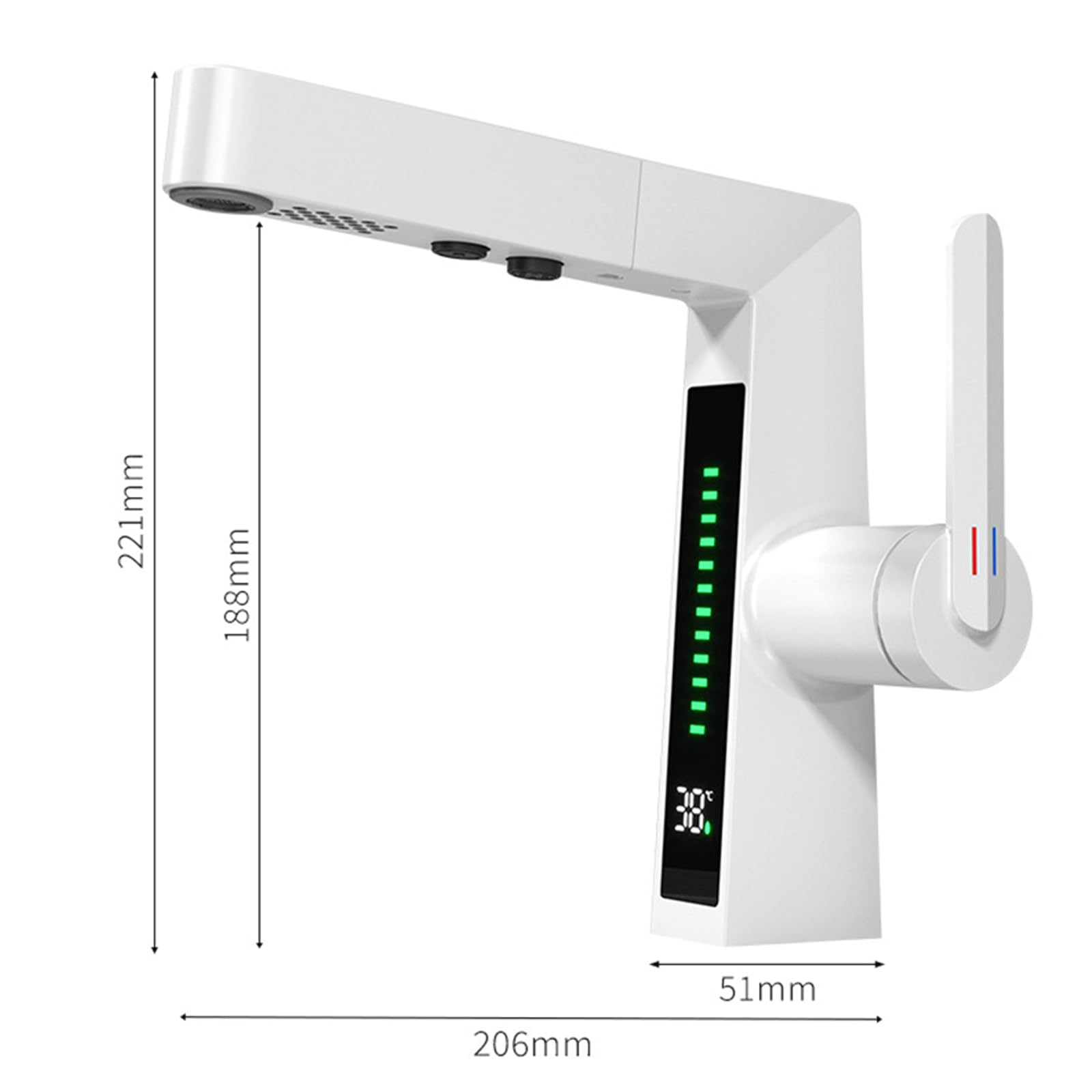 Bateria do umywalki LED, bateria łazienkowa z wyciąganą wylewką, cyfrowy wyświetlacz temperatury, mosiężna bateria umywalkowa z 2 trybami natrysku, pojedynczy uchwyt