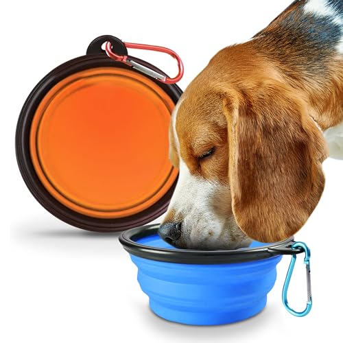 SOL 2pk Large Collapsible Dog Bowl, Portable Silicone Adjustable Clip Dog Travel Bowl, Foldable Food & Water Bowl with Carabiner Clip for Outdoor Pet Pups Use, Light Durable Compact Design Easy Carry