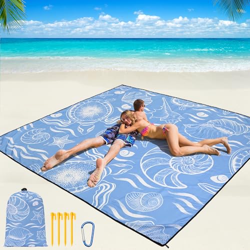 Image of WIWIGO Beach Blanket Mat Waterproof Sandproof for 2-8 Adults Quick Drying | Extra Large Windproof Sand Outdoor Blanket for Travel Camping Hiking Picnic Festival, Family Vacation Accessories Must Have