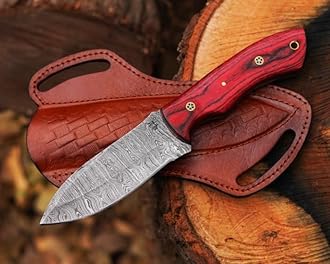 Fixed Blade Damascus Steel Hunting Knife, 9'' Full Tang, Non-Slip Wooden Handle, Leather Sheath Including, Camping & Skinning Knife