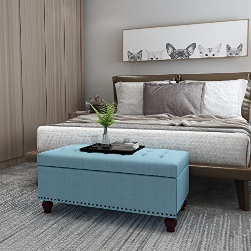 Asense Fabric Rectangle Tufted Lift Top Storage Ottoman Bench, Footstool with Solid Wood Legs, Nail-Head Trim