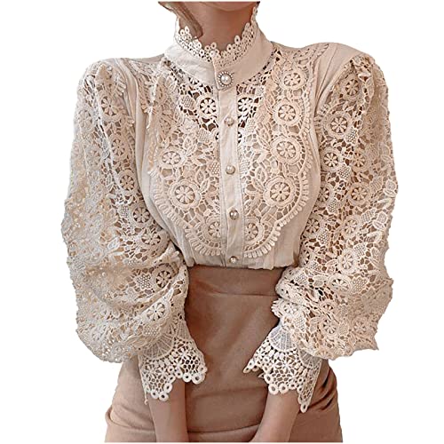 Women’s Sexy T-Shirts Stand Collar Lace Patchwork Shirts Casual Hollow Out Blouse Flower Petal Sleeve Button Tops Beige