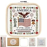 US 250th Anniversary Embroidery Kit, Patriotic Cross Stitch Kits, DIY Embroidery Kits for Adults with 1776-2026 Flag Pattern, 20cm Hoop, Threads, Needles & Instructions for Veterans Military Fans