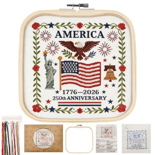 Image of US 250th Anniversary Embroidery Kit, Patriotic Cross Stitch Kits, DIY Embroidery Kits for Adults with 1776-2026 Flag Pattern, 20cm Hoop, Threads, Needles & Instructions for Veterans Military Fans