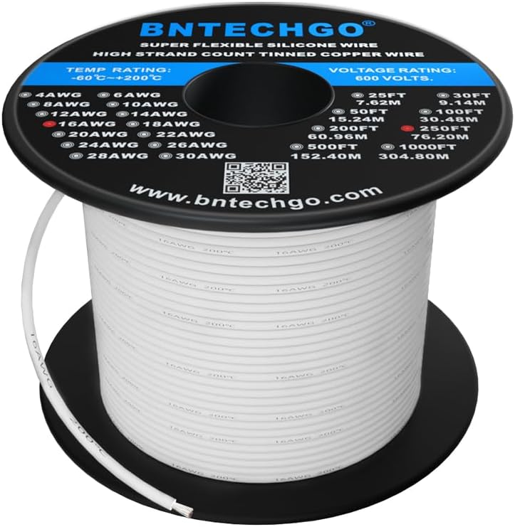BNTECHGO 16 Gauge Silicone wire spool 250 ft White Flexible 16 AWG Stranded Tinned Copper Wire