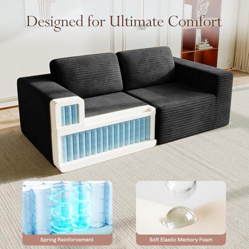 Image of Vesgantti 80 inch Modular Sectional Sofa, Corduroy Cloud Couch with Deep Seating & Spring Support, 2 Seater Compact Modular Couch, Boneless Sectional Sofa for Small Spaces, No Assembly Required, Black