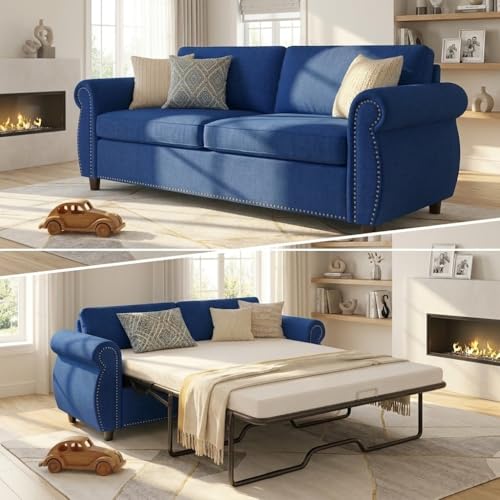Mjkone 2 in 1 Pull Out Sofa Bed Queen with Tri-Folding Mattress, 81“ W Convertible Sleeper Sofas Couch with Pullout Bed, Pull Out Couch Beds with Nailhead Armrests for Living Room Home Office, Blue