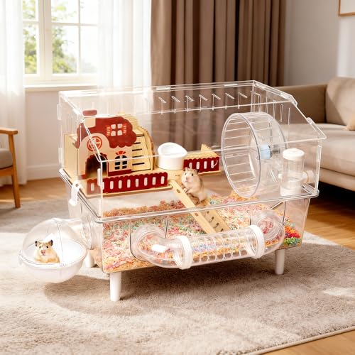 Large Hamster Cage 9 in 1 with All Accessories, 2-Layer Acrylic Hamster House with Full Transparent...