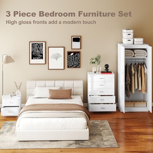 HOMCOM High Gloss 3 Piece Trio Bedroom Furniture Set Wardrobe + Chest Of Drawer + Bedside White - Image 4