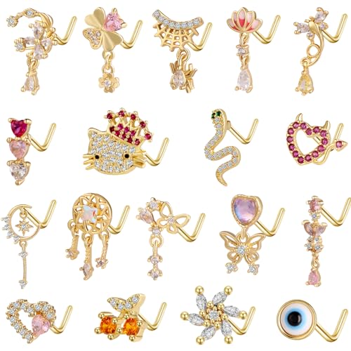 TAMHOO 18Pcs Nose Rings - L Shape, Butterfly & Heart Designs - Gold Nose Studs for Women