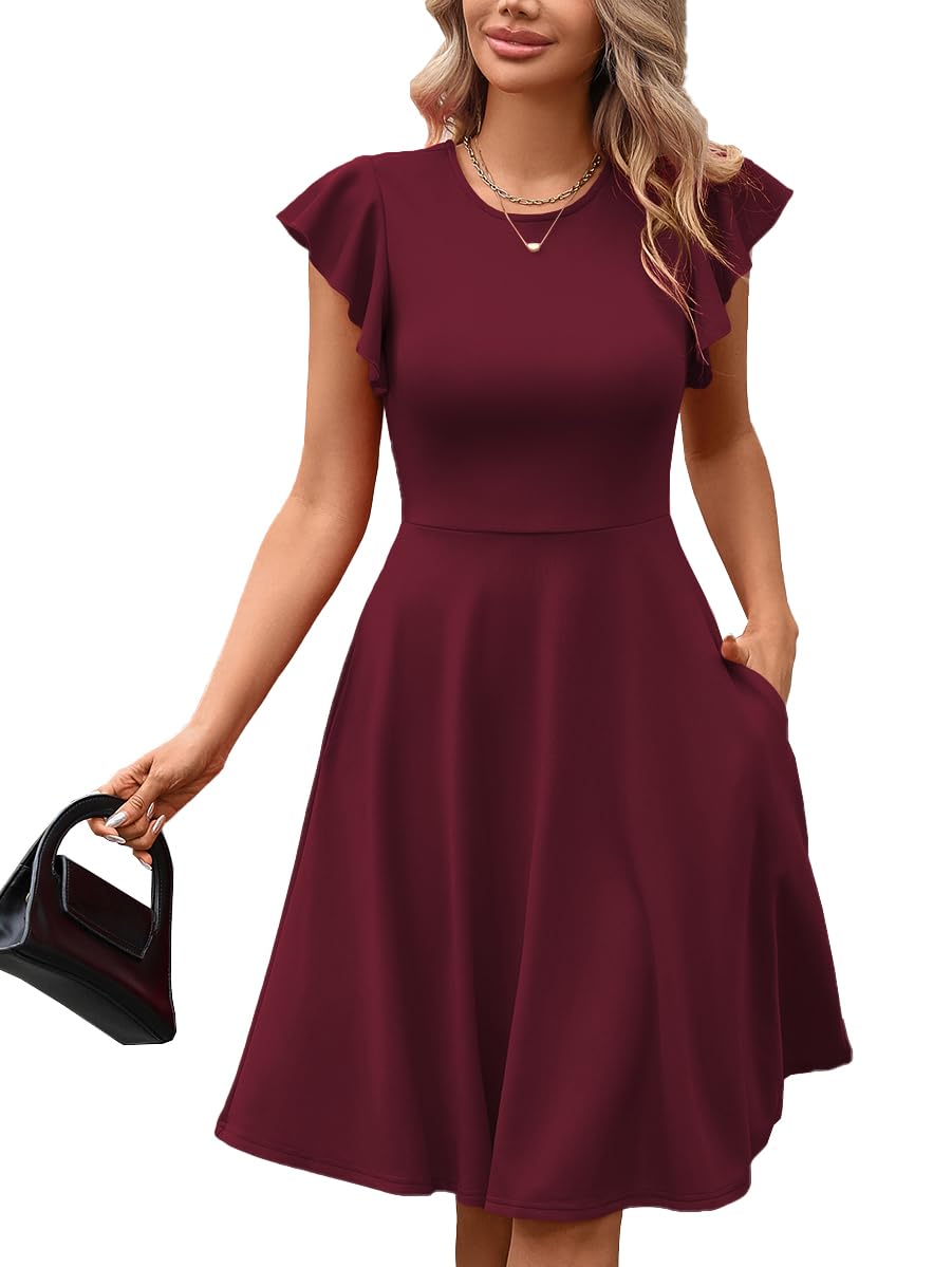 MSLG Women's Fit and Flare Ruffle Short Sleeves Dresses Work V-Back Cocktail Semi Formal A Line Dress with Pockets 842
