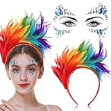 boocooberg Haarreif Karneval,Festival Glitzer Gesicht,Kopfschmuck+Glitzersteine Gesicht,Regenbogen KostüM,Papagei KostüM,Glitzersteine Selbstklebend,Karneval Bachelorette Party ZubehöR (Style 2)