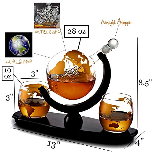 Whiskey Decanter Globe Gift Set - With Two 10 Oz Gold Etched Globe Whisky Glasses - On Rich Wood Mahogany Base Tray - Gold Whiskey Dispenser For Liquor, Scotch, Bourbon, Vodka - 850Ml - Bzrat #TOP2