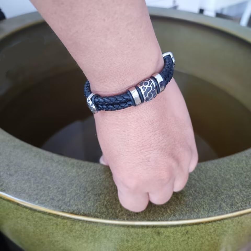 AIZU Braided Leather Wrap Bracelet - Black Brown Genuine Woven Leather Bracelet with Stainless Steel Magnetic Clasp for Men's Wristband Cuff - Mens Cross Christian Bracelet Leather - Image 5