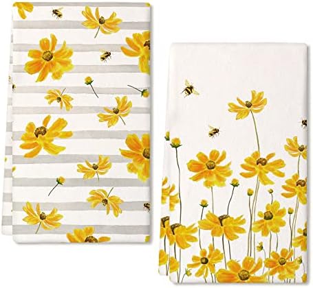 GEEORY Spring Kitchen Towels for Summer Decor Yellow Flower Dish Towels 18 x 26 Inch Ultra Absorbent Bar Drying Cloth Grey Stripes Hand Towel for Kitchen Bathroom Party Home Decorations Set of 2
