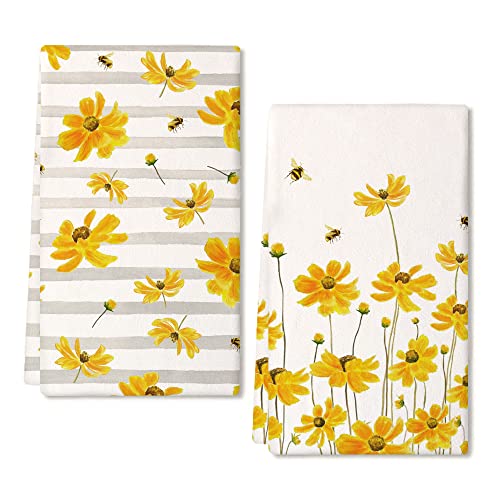 Geeory Spring Kitchen Towels For Summer Decor Yellow Flower Dish Towels 18 X 26 Inch Ultra Absorbent Bar Drying Cloth Grey Stripes Hand Towel For Kitchen Bathroom Party Home Decorations Set Of 2 #TOP2