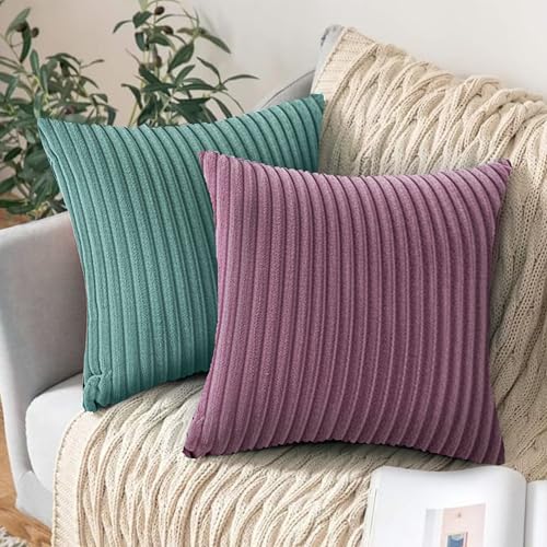Image of Yellow Weaves Pencil-Stripe Fur Cushion Covers | Soft Polyester | Decorative Sofa & Throw Pillow Covers | 16x16 Inches, Pack of 2 (Purple & Sea Green)