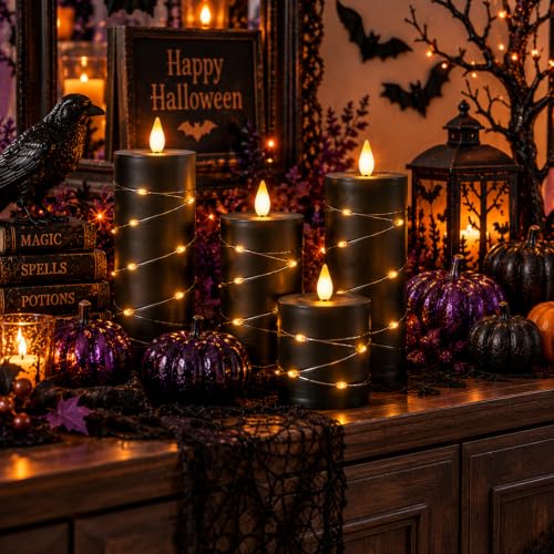 Image of Homemory Black Flameless Candles with Fairy Lights, Remote Timer, Set of 3