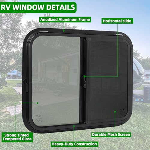 Image of 24 inchW x 20 inchH RV Windows for Cargo Trailer Camper,Tinted Horizontal Sliding | RV Cargo Trailer Camper Window Replacement w /Screen&Trim Ring,Fit 15 /16 inchor 1-3 /8 inch Thick Wall,Allow Error 1 /16 inch,DOT Approved