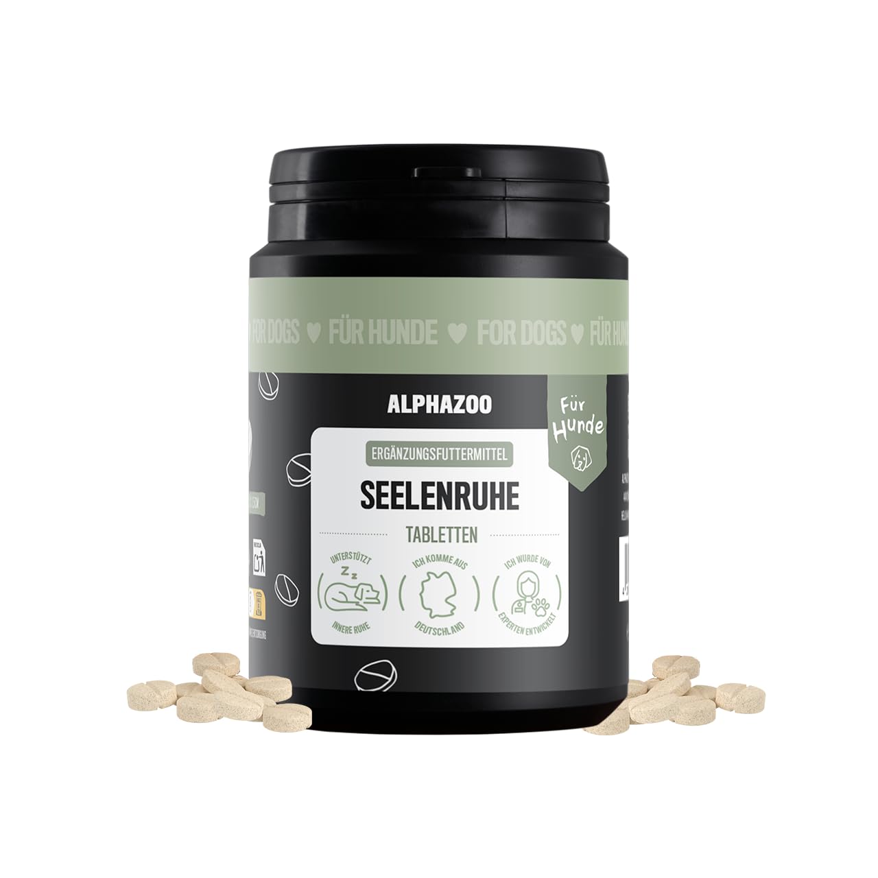 alphazoo Seelenruhe Tabletten für Hunde 180g - Ergänzungsfuttermittel mit Baldrian Melisse Hopfen - mit Hanföl & Taigawurzel - ohne künstliche Zusätze - für Gewitter Silvester Autofahrt