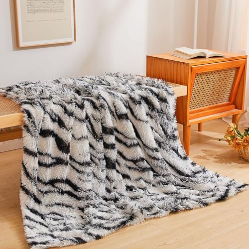 Xege 50"X60" Luxury Faux Fur Throw Blanket, Soft 50X60 Zebra Print Fluffy Blanket Throw, Shaggy Plush Decorative Farmhouse Couch Blanket, Cute Furry Throw Fuzzy Blanket For Sofa Bed cover