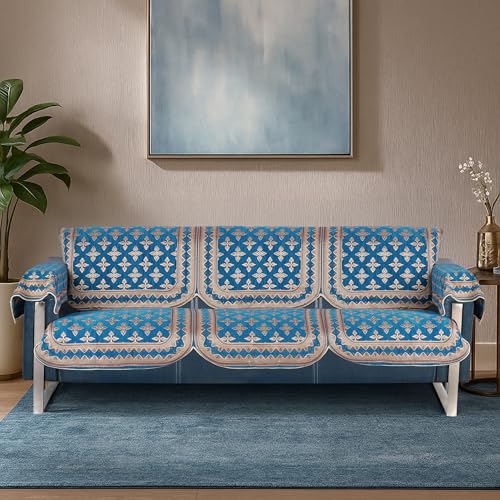 Image of Premium Chenille Woven Anti-Slip 3 Seater Sofa Cover with Arm Rest | L-Shape Sofa Seat Protector for Living Room | Durable & Stylish Slipcover - Turquoise - Floral
