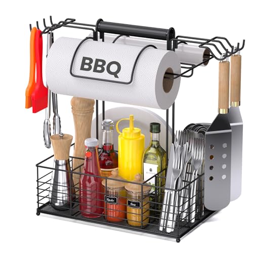 GBEER Grill Caddy for Outdoor Grill with 2 Paper Towel Holders Barbecue Tool Sets Storage Organizer BBQ Caddy for Outdoor Grill with 9 Compartments & 8 Hooks Picnic Caddy Grilling Gifts for Men