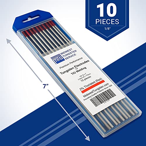 Image of Midwest Tungsten Service TIG Welding Tungsten Electrodes 10-Pack (Red - 2% Thoriated Tungsten (WT20 /EWth-2), 1 /8 inch)